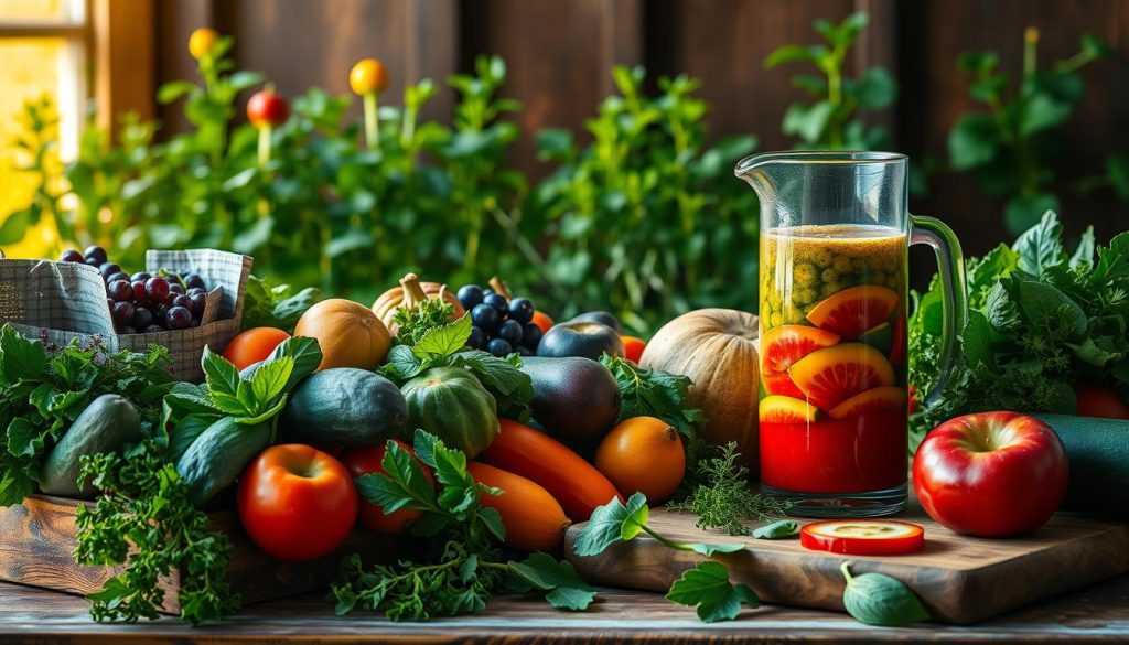 A vibrant, detailed still life showcasing the "Харчування та Здоров'я" theme. In the foreground, an assortment of fresh, colorful produce - leafy greens, crisp vegetables, and juicy fruits - arranged in a rustic, wooden crate. Backlit by warm, natural light, the produce casts soft shadows, creating a sense of depth and dimension. In the middle ground, a glass pitcher filled with a vibrant, nutrient-rich juice or smoothie, accompanied by a wooden cutting board with artfully sliced ingredients. In the background, a lush, verdant plant or herb garden, suggesting a connection to nature and the source of the nourishing foods. The overall composition conveys a sense of health, vitality, and the benefits of a balanced, plant-based diet.
