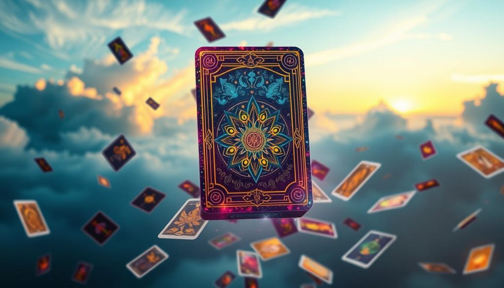 A vibrant digital Tarot deck floats in the foreground, its intricate designs and arcane symbols shimmering with mystical energy. Behind it, a serene, ethereal landscape unfolds, with wispy clouds and a soft, golden light filtering through. Tarot cards cascade around the central deck, representing the depth and breadth of this ancient divination practice. The overall atmosphere is one of contemplation, wonder, and the boundless possibilities of online Tarot readings, inviting the viewer to explore the secrets of the cards in a digital realm.