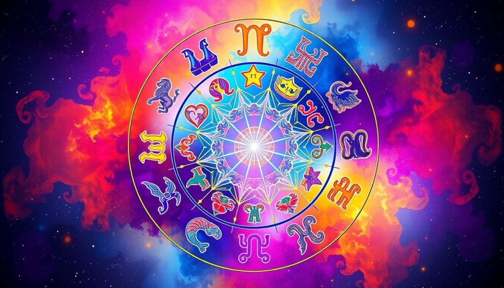 A vibrant, dynamic illustration of the astrological zodiac signs, showcasing their unique symbols and characteristics. Set against a vivid, abstract cosmic backdrop, the 12 zodiac icons are artfully arranged in a striking circular formation, radiating an ethereal, mystical energy. Intricate line work, bold colors, and a sense of movement capture the essence of each sign, from the regal lion of Leo to the flowing waves of Pisces. The composition is both visually captivating and symbolically resonant, evoking the cyclical nature of the zodiac and the interconnectedness of the celestial realms. Subtle lighting and a sense of depth create a sense of dimension, drawing the viewer deeper into this astrological universe. A vibrant, dynamic illustration of the astrological zodiac signs, showcasing their unique symbols and characteristics. Set against a vivid, abstract cosmic backdrop, the 12 zodiac icons are artfully arranged in a striking circular formation, radiating an ethereal, mystical energy. Intricate line work, bold colors, and a sense of movement capture the essence of each sign, from the regal lion of Leo to the flowing waves of Pisces. The composition is both visually captivating and symbolically resonant, evoking the cyclical nature of the zodiac and the interconnectedness of the celestial realms. Subtle lighting and a sense of depth create a sense of dimension, drawing the viewer deeper into this astrological universe.