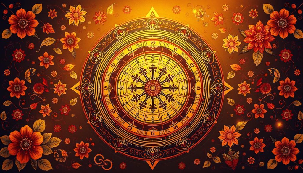 A vibrant, intricate illustration depicting the "гороскоп листопада" or November horoscope in a traditional Ukrainian style. The central focus is a detailed zodiac wheel, surrounded by an array of Ukrainian folk motifs - ornate floral patterns, geometric shapes, and delicate linework. The color palette features rich, earthy tones with accents of gold, creating a warm, autumnal atmosphere. Subtle lighting casts a soft, ethereal glow, highlighting the intricate details and lending an almost mystical quality to the composition. The overall impression is one of cultural heritage, ancient wisdom, and the cyclic nature of the celestial bodies that guide our lives. A vibrant, intricate illustration depicting the "гороскоп листопада" or November horoscope in a traditional Ukrainian style. The central focus is a detailed zodiac wheel, surrounded by an array of Ukrainian folk motifs - ornate floral patterns, geometric shapes, and delicate linework. The color palette features rich, earthy tones with accents of gold, creating a warm, autumnal atmosphere. Subtle lighting casts a soft, ethereal glow, highlighting the intricate details and lending an almost mystical quality to the composition. The overall impression is one of cultural heritage, ancient wisdom, and the cyclic nature of the celestial bodies that guide our lives.