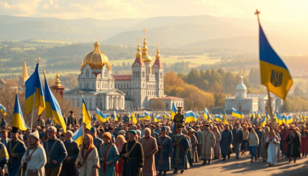 A vibrant panorama of Ukraine's cherished commemorations, captured in a striking digital painting. In the foreground, a procession of people in traditional garb marches with flags and banners, honoring the nation's history and heritage. The middle ground features iconic landmarks, such as churches and monuments, their architectural details rendered with meticulous precision. In the background, a softly blurred landscape of rolling hills and distant forests sets the scene, evoking a sense of timeless tranquility. The lighting is warm and golden, casting a gentle glow over the entire composition, conveying the reverence and significance of these pivotal moments in Ukraine's collective memory.