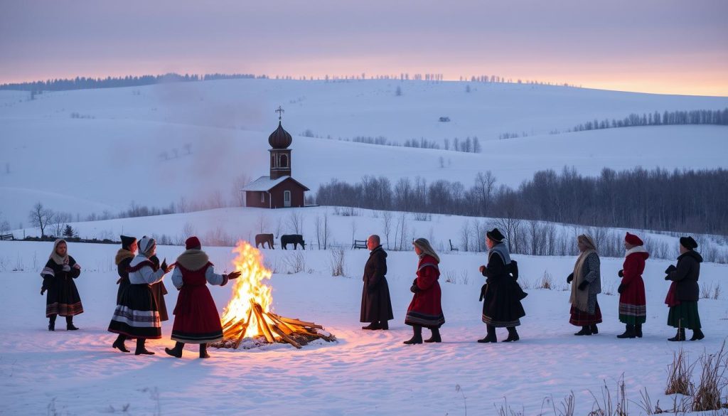 A winter landscape in Ukraine, capturing the traditional celebrations and rituals of January. In the foreground, a group of villagers in traditional folk costumes perform a lively dance around a blazing bonfire, their shadows dancing across the snow-covered ground. In the middle ground, a small wooden church stands tall, its onion-domed roof glistening in the soft, warm light of the setting sun. In the background, a rolling hills blanketed in a thick layer of pristine white snow, with a distant forest of bare, skeletal trees silhouetted against the amber sky. The scene is infused with a sense of timeless tradition, cultural heritage, and the enchanting beauty of a Ukrainian winter. A winter landscape in Ukraine, capturing the traditional celebrations and rituals of January. In the foreground, a group of villagers in traditional folk costumes perform a lively dance around a blazing bonfire, their shadows dancing across the snow-covered ground. In the middle ground, a small wooden church stands tall, its onion-domed roof glistening in the soft, warm light of the setting sun. In the background, a rolling hills blanketed in a thick layer of pristine white snow, with a distant forest of bare, skeletal trees silhouetted against the amber sky. The scene is infused with a sense of timeless tradition, cultural heritage, and the enchanting beauty of a Ukrainian winter.