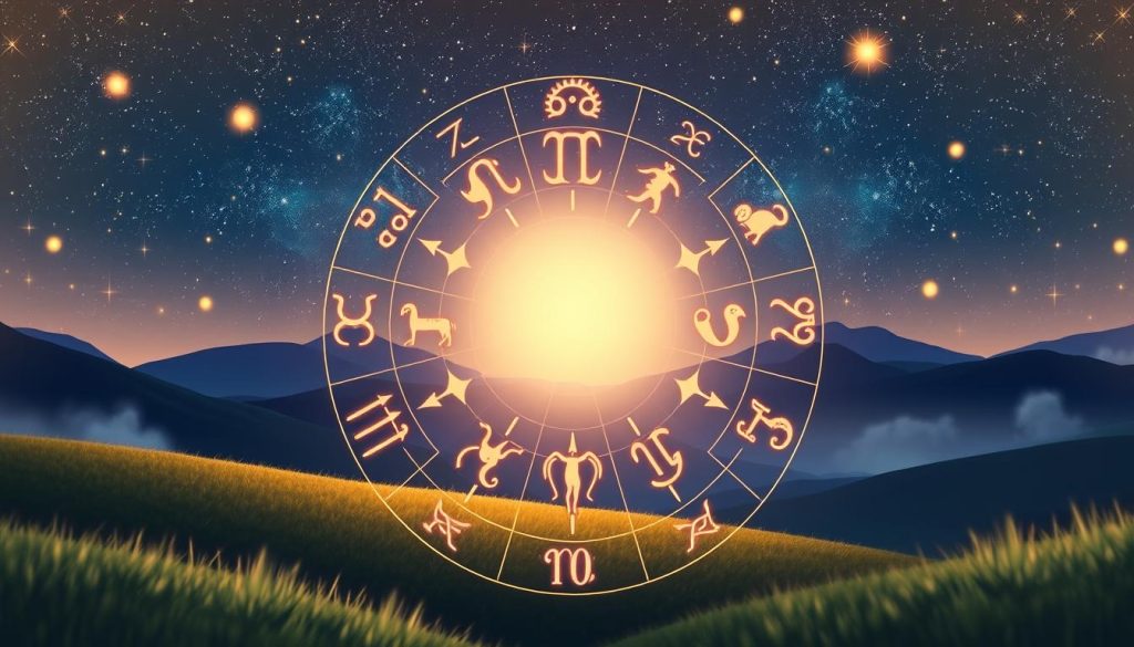 A zodiac-themed illustration depicting the twelve signs of the zodiac arranged in a circular formation, each sign represented by a distinct and highly detailed astrological symbol or icon. The background is a serene, dreamlike landscape with a night sky filled with stars and glowing celestial bodies, creating a mystical and enchanting atmosphere. The overall composition is balanced and harmonious, with the zodiac symbols occupying the central focus, surrounded by a subtle, ethereal glow. The lighting is soft and diffused, casting a warm, inviting tone over the entire scene. The level of detail and realism should be high, with each zodiac symbol and element of the landscape rendered with meticulous care, evoking a sense of wonder and the mystical nature of astrology.