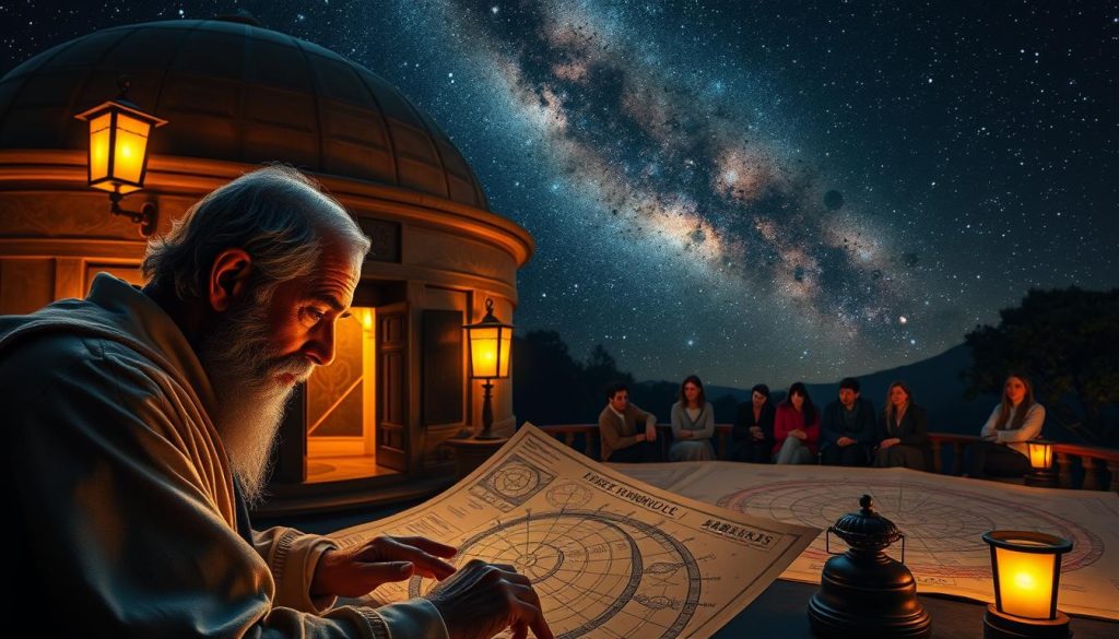 An ancient celestial observatory, illuminated by the warm glow of lanterns, stands as a testament to humanity's age-old fascination with the stars. In the foreground, a scholar pores over intricate celestial maps, their face cast in a contemplative light, while in the middle ground, a group of students gather around, listening intently to the professor's lessons on the movements of the heavenly bodies. In the background, the night sky is alive with a dazzling display of stars, planets, and galaxies, hinting at the vast, mysterious tapestry of the universe that has captivated the human imagination for millennia. An ancient celestial observatory, illuminated by the warm glow of lanterns, stands as a testament to humanity's age-old fascination with the stars. In the foreground, a scholar pores over intricate celestial maps, their face cast in a contemplative light, while in the middle ground, a group of students gather around, listening intently to the professor's lessons on the movements of the heavenly bodies. In the background, the night sky is alive with a dazzling display of stars, planets, and galaxies, hinting at the vast, mysterious tapestry of the universe that has captivated the human imagination for millennia.