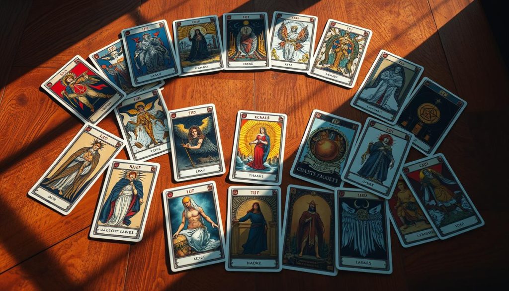 An assortment of Tarot cards laid out on a wooden table, illuminated by warm, natural lighting. The cards are diverse in imagery and style, representing the rich diversity of Tarot decks available. The composition is balanced, with the cards arranged in a visually pleasing layout, inviting the viewer to explore and connect with the arcane symbolism. The scene exudes a sense of contemplation and introspection, capturing the essence of selecting one's first Tarot deck as a gateway to the profound insights of the ancient art of Tarot.