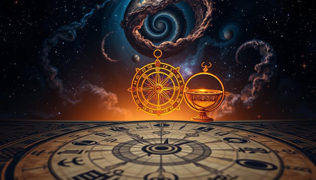 Детальний horoscope ilustration depicting the key moments for Virgo zodiac sign. У передовій, surreal, mystical scene з astrological symbols і celestial elements, su as planets, stars, і constelations, all rendered in warm, ethereal color palette. sign, surrounded fluid, organické shapes і flowing lines, що convey sense moving and energy. mystical qualities associated with astrology and horoscope predictions.