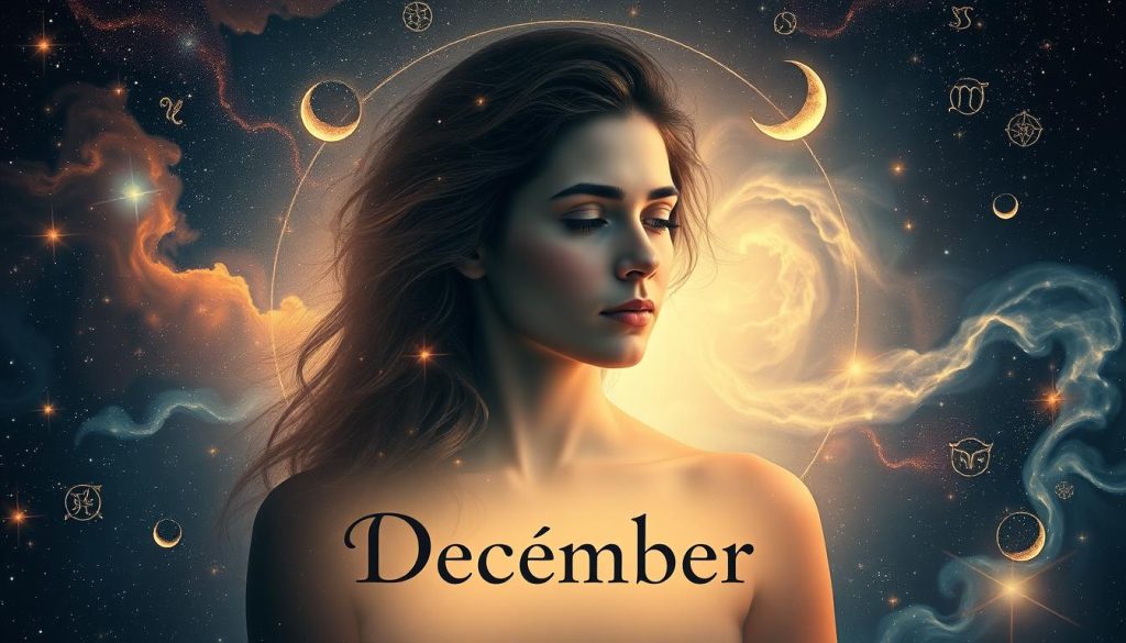 An astrological portrait of those born in December, showcasing a celestial composition. Luminous star fields and swirling nebulae form a captivating backdrop, while the central figure, a serene, introspective individual, is bathed in a soft, ethereal glow. Delicate celestial motifs, such as phases of the moon and intricate zodiac symbols, subtly adorn the scene, creating a sense of mysticism and wonder. The overall atmosphere evokes a contemplative, cosmic ambiance, perfectly suited to illustrate the horoscope and birthdays of those born under the December sky.