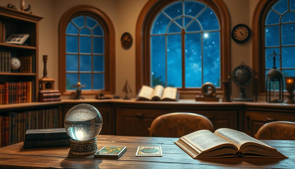 An astrological study room in warm, earthy tones. In the foreground, a wooden desk with a crystal ball, tarot cards, and an open astrology book. Shelves in the middle ground hold ancient tomes and astronomical instruments. The background features a large window overlooking a starry night sky, casting a soft, ambient glow. Diffused lighting creates a contemplative, mystical atmosphere. The scene evokes a sense of learning and exploring the mysteries of the cosmos for a beginner astrologer.