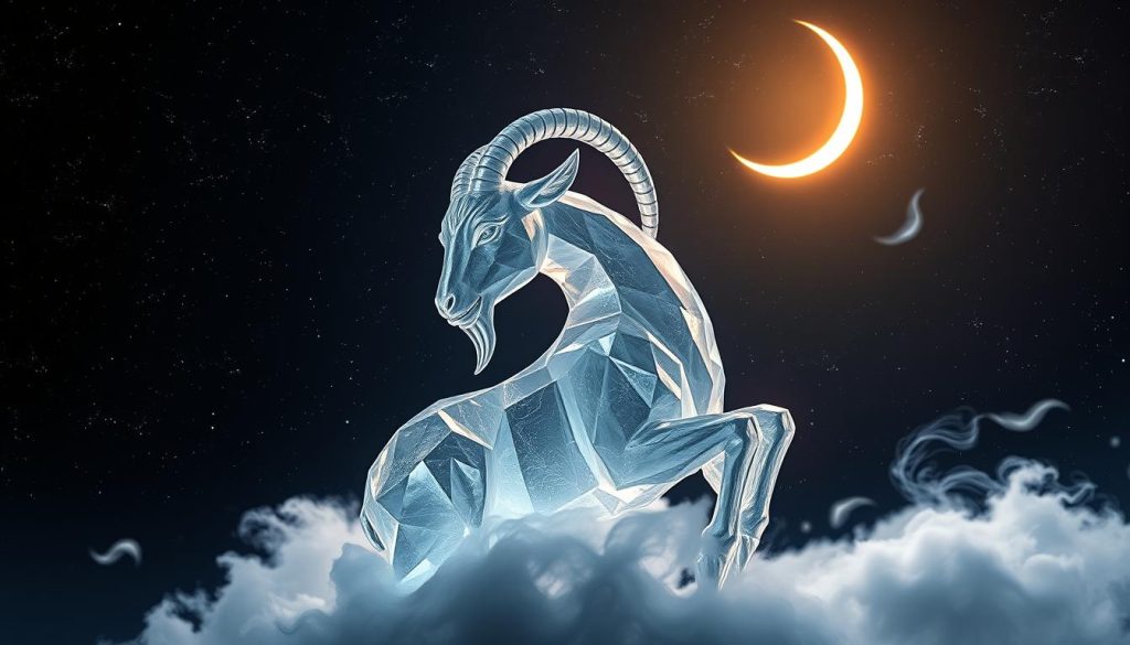 An elegant, mystical depiction of the zodiac sign Capricorn, featuring a detailed, crystalline-like goat symbol set against a starry, ethereal night sky. Soft, ambient lighting from a crescent moon illuminates the scene, casting a serene, contemplative mood. The goat's form is sculpted with intricate, faceted textures, evoking a sense of both earthly and celestial connection. Wispy, ethereal clouds drift across the background, adding depth and a sense of tranquility. The overall composition conveys the Capricorn's association with ambition, discipline, and a deep connection to the natural world. An elegant, mystical depiction of the zodiac sign Capricorn, featuring a detailed, crystalline-like goat symbol set against a starry, ethereal night sky. Soft, ambient lighting from a crescent moon illuminates the scene, casting a serene, contemplative mood. The goat's form is sculpted with intricate, faceted textures, evoking a sense of both earthly and celestial connection. Wispy, ethereal clouds drift across the background, adding depth and a sense of tranquility. The overall composition conveys the Capricorn's association with ambition, discipline, and a deep connection to the natural world.