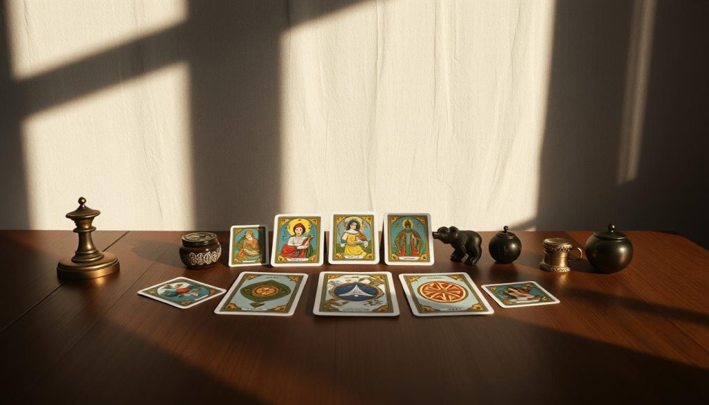 An elegant still life composition showcasing a selection of Tarot cards neatly arranged on a wooden table. The cards are beautifully illuminated by soft, natural lighting, casting subtle shadows that add depth and dimension to the scene. The foreground features the cards in the center, with their intricate designs and colorful imagery taking center stage. In the middle ground, a simple, uncluttered background of a neutral-colored wall or fabric provides a clean, minimalist backdrop, allowing the cards to be the main focal point. The overall mood is one of calm, contemplation, and the allure of the mystical art of Tarot. The angle is slightly elevated, giving the viewer a bird's-eye perspective and a sense of intimacy with the subject matter.
