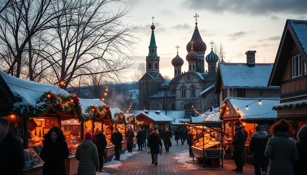 An enchanting winter solstice celebration in a cozy Ukrainian village, 20th December 2025. In the foreground, a bustling open-air market, vendors selling handmade crafts, steaming mugs of mulled wine, and the aroma of traditional baked goods. In the middle ground, a grand orthodox church, its onion domes glistening in the soft golden light of dusk. The background features a snowy landscape, with bare trees silhouetted against a pastel sky, and villagers strolling along the cobblestone streets, bundled in warm winter attire. The mood is one of festive cheer, cultural heritage, and the peaceful tranquility of a winter solstice celebration. An enchanting winter solstice celebration in a cozy Ukrainian village, 20th December 2025. In the foreground, a bustling open-air market, vendors selling handmade crafts, steaming mugs of mulled wine, and the aroma of traditional baked goods. In the middle ground, a grand orthodox church, its onion domes glistening in the soft golden light of dusk. The background features a snowy landscape, with bare trees silhouetted against a pastel sky, and villagers strolling along the cobblestone streets, bundled in warm winter attire. The mood is one of festive cheer, cultural heritage, and the peaceful tranquility of a winter solstice celebration.