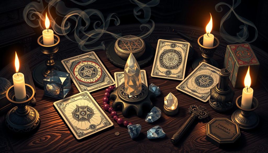 An intricately detailed illustration of tarot cards, crystals, and esoteric tools arranged on a dark, ornate wooden table. The cards feature intricate, mystical designs, and the crystals emit a soft, ethereal glow. Candles flicker, casting warm, flickering light across the scene. Wispy tendrils of incense smoke curl upwards, creating an atmosphere of divination and occult mystery. The composition emphasizes the tools and implements used in tarot readings, evoking the process of uncovering hidden truths and insights. The overall mood is contemplative, mystical, and imbued with a sense of the arcane. An intricately detailed illustration of tarot cards, crystals, and esoteric tools arranged on a dark, ornate wooden table. The cards feature intricate, mystical designs, and the crystals emit a soft, ethereal glow. Candles flicker, casting warm, flickering light across the scene. Wispy tendrils of incense smoke curl upwards, creating an atmosphere of divination and occult mystery. The composition emphasizes the tools and implements used in tarot readings, evoking the process of uncovering hidden truths and insights. The overall mood is contemplative, mystical, and imbued with a sense of the arcane.