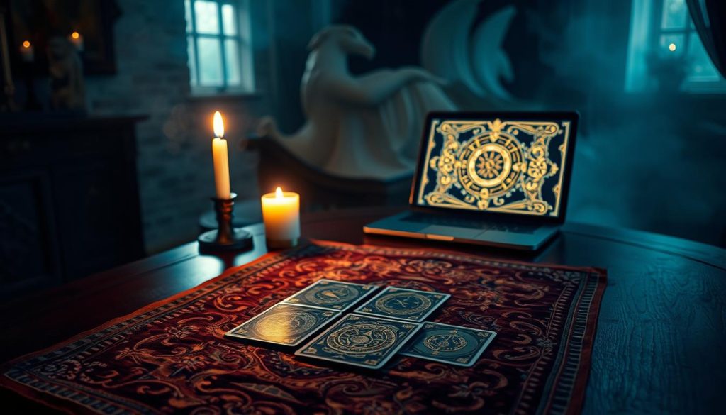 An intricately detailed scene of a mystical online tarot reading experience. In the foreground, a serene, dimly-lit room with a ornate wooden table, the surface adorned with a rich, velvet-textured tarot cloth. Placed atop the cloth, a set of antique tarot cards, their intricate designs casting an ethereal glow. A single candle flickers, casting soft, warm light that creates a contemplative atmosphere. In the middle ground, a laptop or tablet displays a tarot reading interface, its screen flickering with mystical symbols and arcane imagery. The background is hazy, shrouded in a mystical mist, hinting at the unseen forces at work. The overall mood is one of anticipation, as the viewer feels drawn into the ancient art of divination, poised to discover the insights that the cards may reveal about the future.