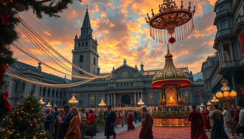 An opulent celebration unfolds against a backdrop of historical grandeur. In the foreground, a vibrant array of festive decorations - strings of twinkling lights, garlands of evergreen, and a magnificent centerpiece adorned with intricate patterns. Figures in traditional dress move gracefully through the scene, their movements captured in a soft, diffused light that lends an air of timelessness. In the middle ground, towering stone facades and ornate architectural details speak to the rich cultural heritage of the location. The composition is framed by a dramatic sky, awash in shades of gold and crimson, hinting at the significance of the occasion. An atmosphere of reverence and joy permeates the image, inviting the viewer to immerse themselves in the celebratory spirit of this historic event. An opulent celebration unfolds against a backdrop of historical grandeur. In the foreground, a vibrant array of festive decorations - strings of twinkling lights, garlands of evergreen, and a magnificent centerpiece adorned with intricate patterns. Figures in traditional dress move gracefully through the scene, their movements captured in a soft, diffused light that lends an air of timelessness. In the middle ground, towering stone facades and ornate architectural details speak to the rich cultural heritage of the location. The composition is framed by a dramatic sky, awash in shades of gold and crimson, hinting at the significance of the occasion. An atmosphere of reverence and joy permeates the image, inviting the viewer to immerse themselves in the celebratory spirit of this historic event.