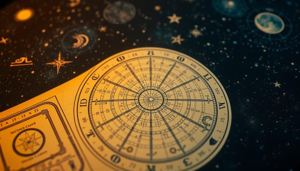 Astrological calculations of a natal chart, featuring a starry night sky backdrop with celestial objects and symbols. In the foreground, a detailed, intricate star chart or zodiac wheel rendered in a vintage, hand-drawn style. Soft, warm lighting illuminates the intricate celestial diagrams and calculations, conveying a sense of mysticism and ancient knowledge. The composition is balanced, with negative space allowing the central astrological elements to take center stage. The overall mood is one of scholarly contemplation, hinting at the deep, esoteric nature of astronomical foundations in astrological practices. Astrological calculations of a natal chart, featuring a starry night sky backdrop with celestial objects and symbols. In the foreground, a detailed, intricate star chart or zodiac wheel rendered in a vintage, hand-drawn style. Soft, warm lighting illuminates the intricate celestial diagrams and calculations, conveying a sense of mysticism and ancient knowledge. The composition is balanced, with negative space allowing the central astrological elements to take center stage. The overall mood is one of scholarly contemplation, hinting at the deep, esoteric nature of astronomical foundations in astrological practices.