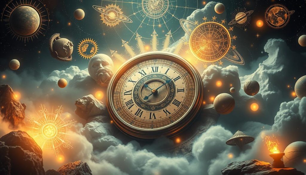 Astrological events and the symbolism of time: a dreamlike celestial landscape with a central clock surrounded by zodiac symbols, planetary bodies, and ancient astrological diagrams. Soft, warm lighting illuminates the scene, creating an atmospheric, mystical ambiance. Glowing orbs and cosmic energies swirl around the composition, hinting at the interconnectedness of the heavens and the passage of time. Intricate details and textures evoke a sense of timelessness and the profound mysteries of the universe. The overall mood is one of contemplation, wonder, and a deep reverence for the rhythms of the cosmos. Astrological events and the symbolism of time: a dreamlike celestial landscape with a central clock surrounded by zodiac symbols, planetary bodies, and ancient astrological diagrams. Soft, warm lighting illuminates the scene, creating an atmospheric, mystical ambiance. Glowing orbs and cosmic energies swirl around the composition, hinting at the interconnectedness of the heavens and the passage of time. Intricate details and textures evoke a sense of timelessness and the profound mysteries of the universe. The overall mood is one of contemplation, wonder, and a deep reverence for the rhythms of the cosmos.