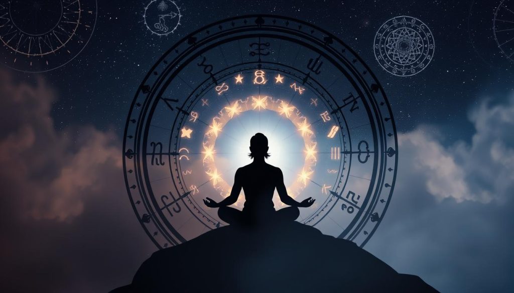 Astrology-inspired scene with celestial elements, ambient lighting, and serene atmosphere. In the foreground, an intricate zodiac wheel or astrological symbols float against a softly-lit, starry night sky. The middle ground features a silhouette of a person meditating or reflecting, surrounded by glowing, ethereal aura. The background gradually fades into a mist of cosmic hues, with subtle textures and gradient effects. The overall composition conveys a sense of harmony, wisdom, and guidance from the cosmos, suitable for illustrating daily life recommendations from astrologers.