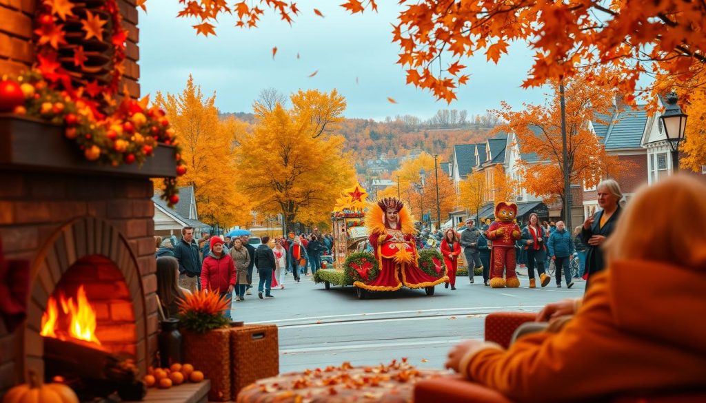 Autumnal celebration: a vibrant display of November's festivities. In the foreground, a cozy gathering around a crackling fireplace, adorned with warm tones and festive decor. In the middle ground, a lively parade marches by, with colorful costumes, intricate floats, and cheerful participants. The background reveals a picturesque town, its streets lined with maple trees in full fall foliage, casting a golden glow over the scene. Soft, diffused lighting creates an inviting, celebratory atmosphere, as if capturing a moment of joy and community during this season of transition. Autumnal celebration: a vibrant display of November's festivities. In the foreground, a cozy gathering around a crackling fireplace, adorned with warm tones and festive decor. In the middle ground, a lively parade marches by, with colorful costumes, intricate floats, and cheerful participants. The background reveals a picturesque town, its streets lined with maple trees in full fall foliage, casting a golden glow over the scene. Soft, diffused lighting creates an inviting, celebratory atmosphere, as if capturing a moment of joy and community during this season of transition.