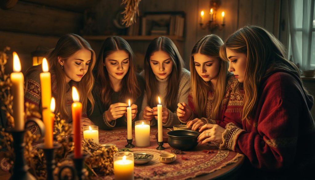 Cozy autumn evening in a traditional Ukrainian home. Candles flicker, casting warm light on a group of young women gathered around a table, deep in the ritual of divination on St. Andrew's Eve. Dried flowers, herbs, and small bowls of water create an intimate, mystical atmosphere. The women's faces are alight with anticipation as they peer into the flickering flames, seeking glimpses of their futures. Soft shawls and embroidered fabrics add textural depth, while the background hints at a rustic, wooden interior - a timeless scene of Ukrainian folklore and superstition.