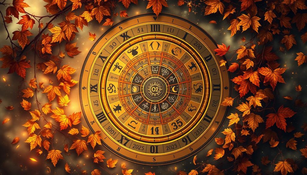 Detailed astrological calendar depicting the horoscope for November 2025, captured in a warm, autumnal color palette. A central zodiac wheel surrounded by lush, swirling leaves and foliage, conveying the transition into the fall season. Ethereal, soft lighting casts a gentle glow, creating an inviting, mystical atmosphere. Intricate celestial symbols, planetary alignments, and seasonal motifs fill the composition, blending seamlessly to visualize the harmonious relationship between the cosmos and earthly cycles. A sense of timeless, nostalgic wonder permeates the scene, inviting the viewer to contemplate the cyclic nature of the universe.