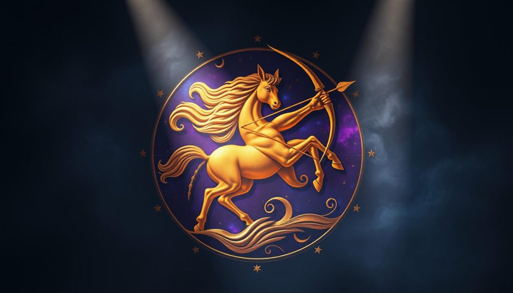 Detailed astrological symbol of the Sagittarius zodiac sign. Centered composition featuring a vibrant, gold-accented centaur figure with a bow and arrow, representing the fire and adventurous spirit of the Sagittarius. The centaur is surrounded by celestial elements such as stars, crescent moons, and swirling cosmic energy in shades of deep blue, purple, and gold. Dramatic, theatrical lighting casts dramatic shadows and highlights the intricate details of the symbolic imagery. The overall mood is mystical, ancient, and awe-inspiring, evoking the astrological significance of the Sagittarius sign. Detailed astrological symbol of the Sagittarius zodiac sign. Centered composition featuring a vibrant, gold-accented centaur figure with a bow and arrow, representing the fire and adventurous spirit of the Sagittarius. The centaur is surrounded by celestial elements such as stars, crescent moons, and swirling cosmic energy in shades of deep blue, purple, and gold. Dramatic, theatrical lighting casts dramatic shadows and highlights the intricate details of the symbolic imagery. The overall mood is mystical, ancient, and awe-inspiring, evoking the astrological significance of the Sagittarius sign.