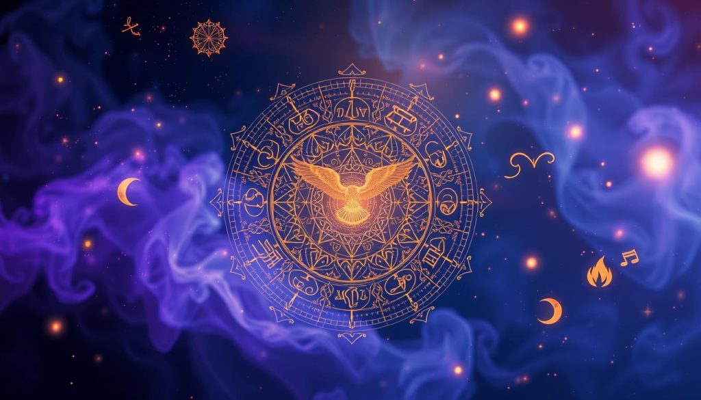 Detailed astrological zodiac symbols floating in a mystical, ethereal atmosphere. Intricate celestial patterns and glowing, swirling energy fields in shades of indigo, violet, and gold. Subtle lighting from an unseen source casts a warm, otherworldly glow. The zodiac elements - earth, air, fire, water - represented by abstract, symbolic forms. A sense of ancient wisdom and esoteric knowledge permeates the scene. The composition is balanced and harmonious, drawing the viewer into the serene, meditative qualities of Ukrainian astrology. Detailed astrological zodiac symbols floating in a mystical, ethereal atmosphere. Intricate celestial patterns and glowing, swirling energy fields in shades of indigo, violet, and gold. Subtle lighting from an unseen source casts a warm, otherworldly glow. The zodiac elements - earth, air, fire, water - represented by abstract, symbolic forms. A sense of ancient wisdom and esoteric knowledge permeates the scene. The composition is balanced and harmonious, drawing the viewer into the serene, meditative qualities of Ukrainian astrology.