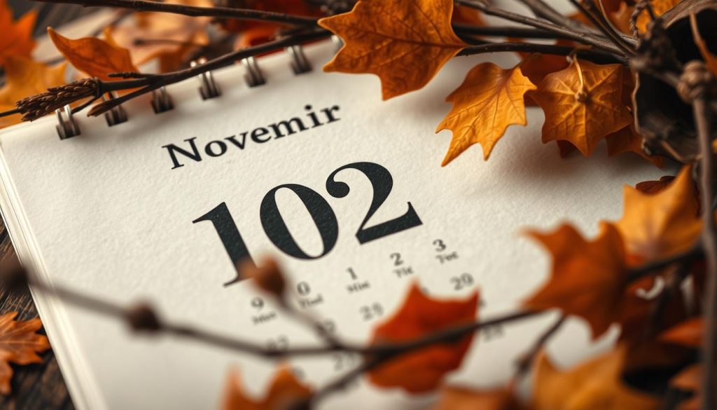 Detailed autumn calendar page with November date, surrounded by seasonal elements. Warm lighting, close-up view. Soft focus on the central date, with blurred foreground of fallen leaves and branches, and background of muted fall foliage. Subtle textures, muted color palette of oranges, reds, and browns. Conveys a cozy, contemplative atmosphere suitable for a reflection on a notable day. Detailed autumn calendar page with November date, surrounded by seasonal elements. Warm lighting, close-up view. Soft focus on the central date, with blurred foreground of fallen leaves and branches, and background of muted fall foliage. Subtle textures, muted color palette of oranges, reds, and browns. Conveys a cozy, contemplative atmosphere suitable for a reflection on a notable day.