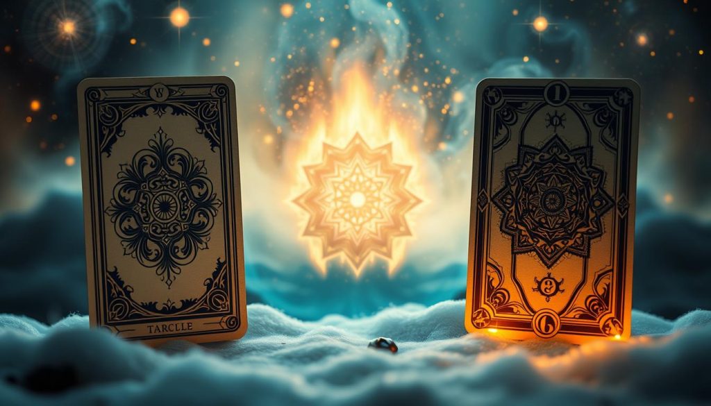 Detailed comparison of tarot and oracle cards, displayed in a stylized, ethereal composition. In the foreground, a pair of intricate tarot cards and an oracle deck, their symbols and designs subtly intertwining. The middle ground features a glowing, mystical energy field, hinting at the hidden connections between the two divination systems. In the background, a dreamy, cosmic landscape with swirling galaxies and celestial motifs, evoking the timeless, transcendent nature of these ancient tools. Soft, diffused lighting casts a warm, contemplative atmosphere, inviting the viewer to ponder the parallels and distinctions between tarot and oracle. The overall aesthetic is one of balanced duality, blending the analytical and intuitive aspects of these profound spiritual practices. Detailed comparison of tarot and oracle cards, displayed in a stylized, ethereal composition. In the foreground, a pair of intricate tarot cards and an oracle deck, their symbols and designs subtly intertwining. The middle ground features a glowing, mystical energy field, hinting at the hidden connections between the two divination systems. In the background, a dreamy, cosmic landscape with swirling galaxies and celestial motifs, evoking the timeless, transcendent nature of these ancient tools. Soft, diffused lighting casts a warm, contemplative atmosphere, inviting the viewer to ponder the parallels and distinctions between tarot and oracle. The overall aesthetic is one of balanced duality, blending the analytical and intuitive aspects of these profound spiritual practices.