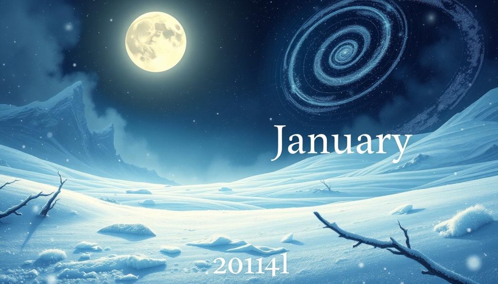 Detailed digital illustration of the symbolic numerology of January, depicting a mystical and atmospheric scene. In the foreground, a serene winter landscape with gently falling snow and icy crystals forming intricate patterns. In the middle ground, a glowing full moon casts a soft, ethereal light over the scene. In the background, swirling cosmic energy and celestial phenomena like shooting stars or northern lights, representing the astrological significance of the month. The overall mood is contemplative, spiritual, and evocative of the deeper meaning and energy associated with the start of the new year.