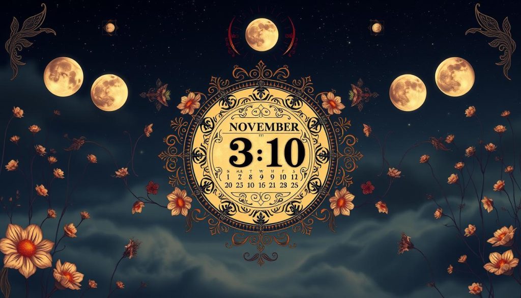 Detailed lunar calendar of November, showcasing the phases of the moon against a serene night sky. A central ornate calendar element is surrounded by delicate floral patterns, celestial imagery, and symbolic moon illustrations. Soft, warm lighting creates a contemplative, mystical atmosphere. Crisp, high-resolution rendering with intricate textures and a muted, autumnal color palette. The composition is balanced and visually captivating, suitable for use in a magazine article about the significance of the November 30th holiday.