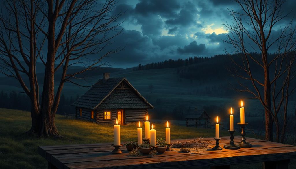 Detailed nightscape of a cozy Ukrainian village in the evening of St. Andrew's Eve. A small rustic cottage stands amidst a landscape of rolling hills, its warm golden light spilling out through the windows. Tall, bare trees reach up towards a cloudy night sky, hinting at the mystical traditions to come. In the foreground, candles and herbs are laid out on a wooden table, ready for divination rituals. The atmosphere is one of anticipation, tradition, and a reverence for the unseen forces at work on this sacred night.