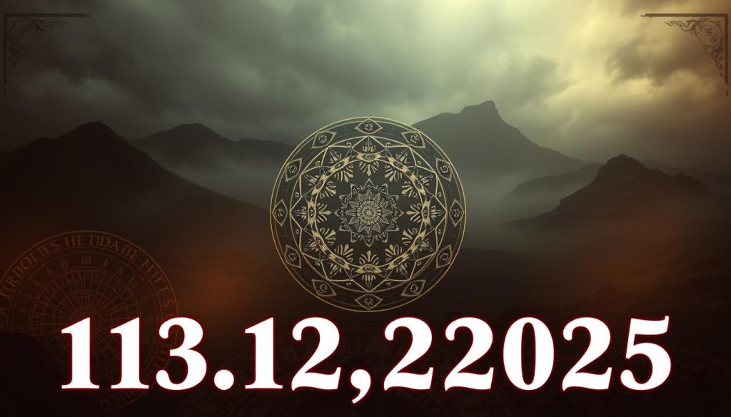 Detailed numerological symbology of a date, 13.12.2025, against a mysterious, atmospheric backdrop. Foreground features intricate numerological diagrams, glyphs, and patterns in warm, earthy tones. Midground showcases a mandala-like circular arrangement of symbolic icons and mystical elements. Background depicts a moody, ethereal landscape with a soft, diffused lighting, evoking a sense of contemplation and esoteric wisdom. The overall composition captures the essence of numerology and the hidden significance of a specific date.