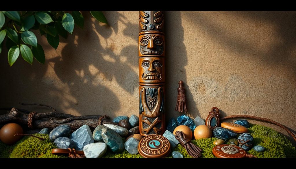 Detailed Slavic totems and amulets against a rustic, earthy backdrop. A central wooden totem pole adorned with intricate carvings, surrounded by scattered mystical stones, crystals, and handcrafted leather and wood charms. Soft, warm lighting casts subtle shadows, evoking an ancient, spiritual atmosphere. Textured, natural elements like leaves, branches, and moss create a lush, forest-like environment. The composition is balanced and visually striking, inviting the viewer to explore the rich symbolism and history of Slavic traditions.