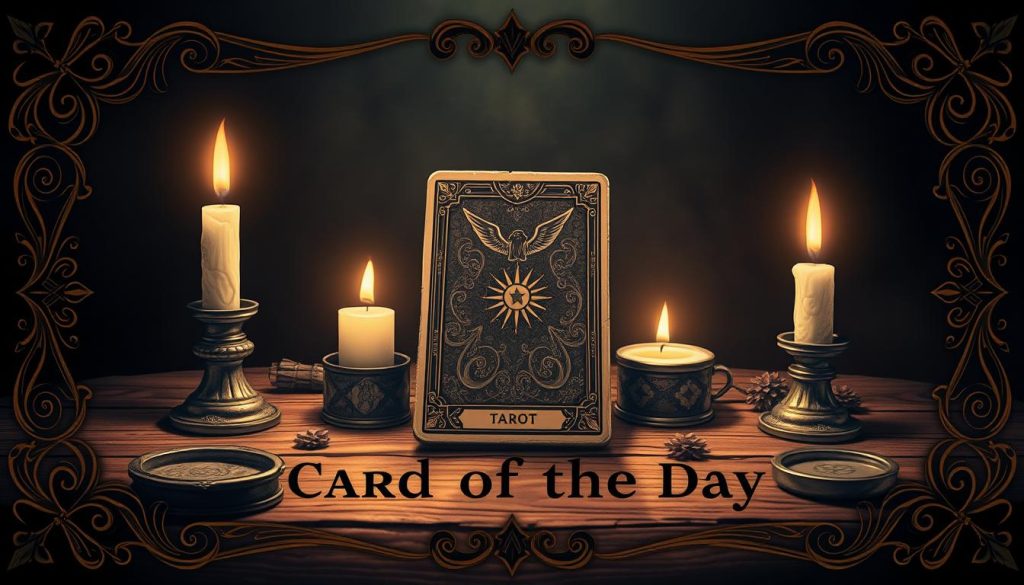 Detailed tarot card illustration depicting "card of the day" concept. Elegant ornamental border frames a central tarot card resting on a wooden surface, with candles and mystical symbols surrounding it. Warm, moody lighting casts dramatic shadows. Subtle textures and vintage aesthetic evoke a sense of divination and occult practices. Soft focus and depth of field emphasize the card as the focal point. The overall composition conveys a contemplative, introspective mood suitable for an online tarot reading article.