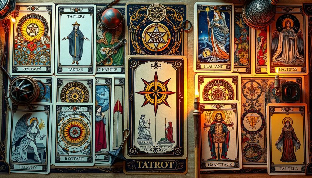 Detailed tarot card illustrations arranged in an ornate, mystical composition. Vibrant colors and intricate symbols fill the frame, depicting the meanings and interpretations of reversed and upright tarot cards. A warm, ambient lighting creates a serene, contemplative atmosphere, inviting the viewer to ponder the esoteric significance of the cards. The layout is balanced and harmonious, guiding the eye through the various suit symbols and arcane imagery. Rendered with a photorealistic, high-resolution aesthetic that captures the spiritual essence of tarot divination.