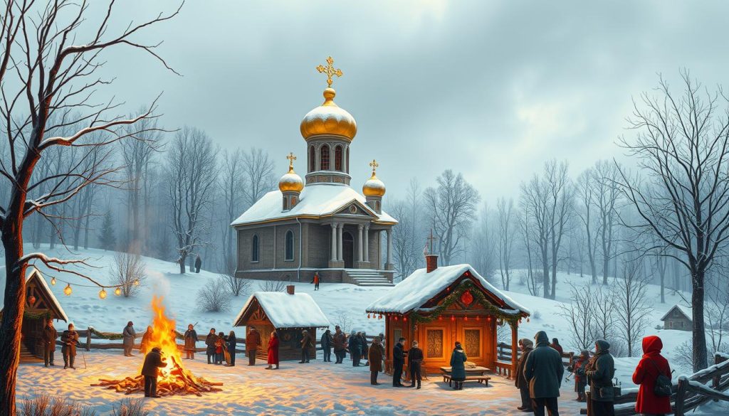 Detailed winter landscape depicting the traditional Ukrainian calendar celebrations of January 6th, 2026. In the foreground, a cozy village scene with people gathering around a warm bonfire, adorned with festive decorations. In the middle ground, a picturesque Orthodox church with onion domes covered in a fresh layer of snow, its golden cross glimmering in the soft, diffused sunlight. In the background, a serene, snow-covered forest with bare, gnarled trees. The atmosphere is one of joyful community, reverence, and the tranquil beauty of the winter season. Detailed winter landscape depicting the traditional Ukrainian calendar celebrations of January 6th, 2026. In the foreground, a cozy village scene with people gathering around a warm bonfire, adorned with festive decorations. In the middle ground, a picturesque Orthodox church with onion domes covered in a fresh layer of snow, its golden cross glimmering in the soft, diffused sunlight. In the background, a serene, snow-covered forest with bare, gnarled trees. The atmosphere is one of joyful community, reverence, and the tranquil beauty of the winter season.