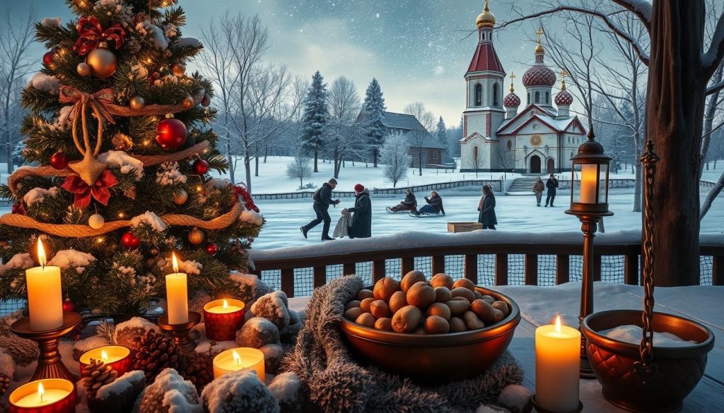 Detailed winter scene depicting traditional December customs and omens in Russia. Foreground showcases festive decorations, such as a decorated Christmas tree, candles, and a bowl of various nuts and dried fruits. Middle ground features people engaged in traditional activities like ice skating, sledding, and caroling. Background shows a snowy landscape with a Russian Orthodox church, birch trees, and a starry night sky. Lighting is warm and cozy, with glowing candles and lanterns. Use a wide-angle lens to capture the full breadth of the scene. Convey a sense of wonder, nostalgia, and reverence for age-old December traditions. Detailed winter scene depicting traditional December customs and omens in Russia. Foreground showcases festive decorations, such as a decorated Christmas tree, candles, and a bowl of various nuts and dried fruits. Middle ground features people engaged in traditional activities like ice skating, sledding, and caroling. Background shows a snowy landscape with a Russian Orthodox church, birch trees, and a starry night sky. Lighting is warm and cozy, with glowing candles and lanterns. Use a wide-angle lens to capture the full breadth of the scene. Convey a sense of wonder, nostalgia, and reverence for age-old December traditions.