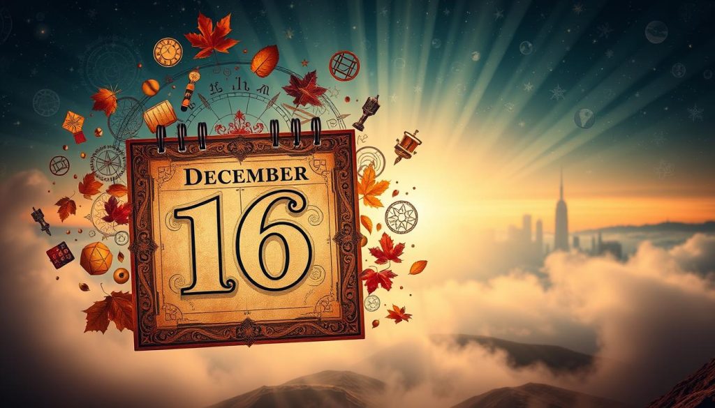 Dramatic symbolic composition depicting the date December 16, 2025. In the foreground, a large, ornate calendar page representing the 16th day of the month, rendered in rich, autumnal hues. Floating around it, intricate graphic elements and icons suggestive of the season, holidays, astrology, and significant events. The middle ground features a gently lit, ethereal backdrop of celestial patterns, zodiac symbols, and misty light rays. In the distance, a vague silhouette of a city skyline or landscape, hinting at the real-world context. The overall mood is contemplative, mystical, and visually captivating, inviting the viewer to ponder the significance of this particular date. Dramatic symbolic composition depicting the date December 16, 2025. In the foreground, a large, ornate calendar page representing the 16th day of the month, rendered in rich, autumnal hues. Floating around it, intricate graphic elements and icons suggestive of the season, holidays, astrology, and significant events. The middle ground features a gently lit, ethereal backdrop of celestial patterns, zodiac symbols, and misty light rays. In the distance, a vague silhouette of a city skyline or landscape, hinting at the real-world context. The overall mood is contemplative, mystical, and visually captivating, inviting the viewer to ponder the significance of this particular date.