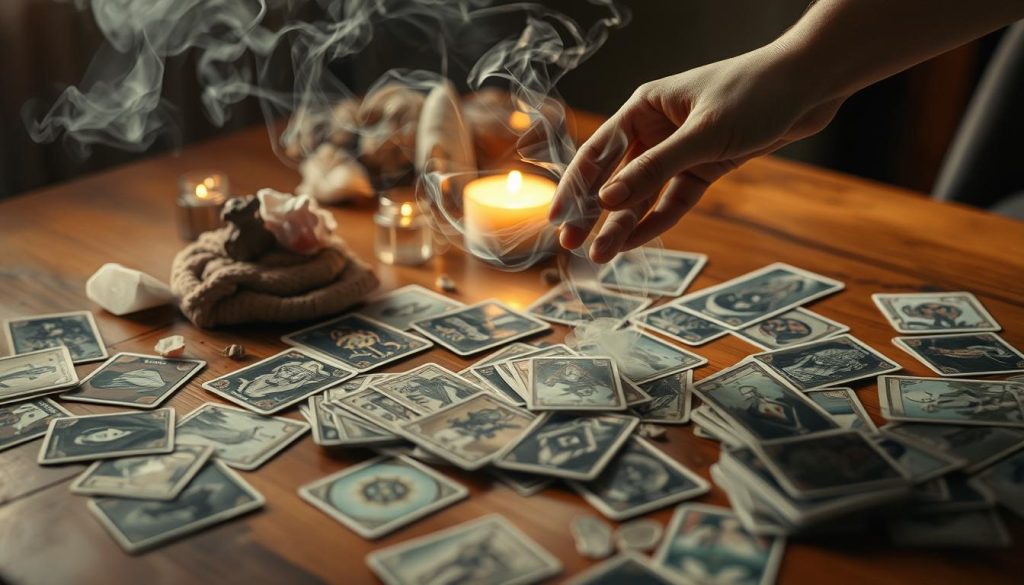 Ethereal ritual cleansing of a tarot deck. A hand gently runs sage smoke over a wooden table, enveloping a full deck of tarot cards in its fragrant, purifying haze. The cards lay in a scattered, unorganized manner, awaiting their transformation. Soft, warm lighting casts an intimate, meditative glow, while delicate crystals and a single candle flicker, imbuing the scene with sacred energy. The atmosphere is one of intention, intuition and spiritual preparation, as the tarot reader prepares to embark on a journey of divination. Ethereal ritual cleansing of a tarot deck. A hand gently runs sage smoke over a wooden table, enveloping a full deck of tarot cards in its fragrant, purifying haze. The cards lay in a scattered, unorganized manner, awaiting their transformation. Soft, warm lighting casts an intimate, meditative glow, while delicate crystals and a single candle flicker, imbuing the scene with sacred energy. The atmosphere is one of intention, intuition and spiritual preparation, as the tarot reader prepares to embark on a journey of divination.