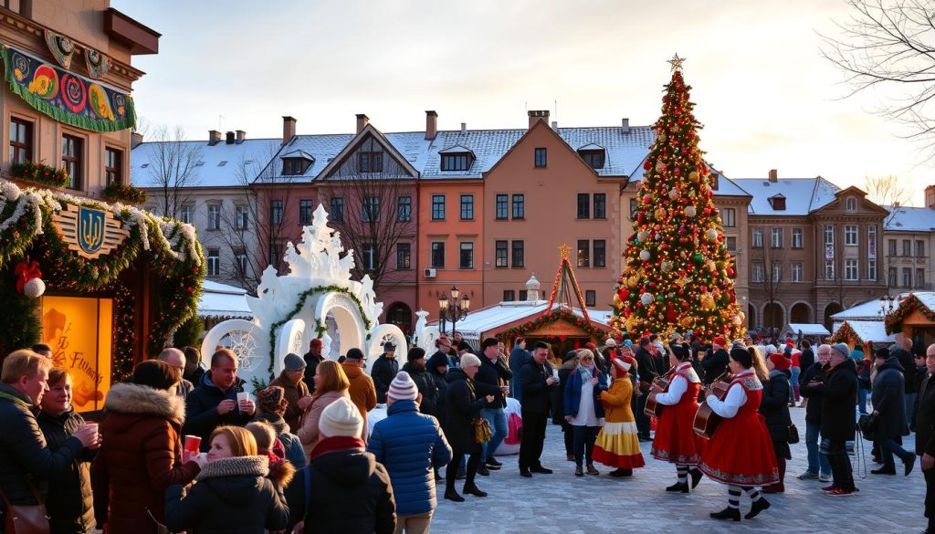 Festive celebration on January 4th, 2026. A cozy town square adorned with traditional Ukrainian decorations - colorful banners, intricate ice sculptures, and a towering Christmas tree aglow with twinkling lights. Groups of people gathered, dressed in winter attire, enjoying hot beverages and traditional treats. In the foreground, a lively performance by local musicians and dancers, their vibrant costumes and joyful movements capturing the spirit of the occasion. The scene is bathed in a warm, golden light, creating a sense of welcoming and merriment. In the background, the silhouettes of historic buildings stand as a backdrop, their architecture reflecting the cultural heritage of the region. Festive celebration on January 4th, 2026. A cozy town square adorned with traditional Ukrainian decorations - colorful banners, intricate ice sculptures, and a towering Christmas tree aglow with twinkling lights. Groups of people gathered, dressed in winter attire, enjoying hot beverages and traditional treats. In the foreground, a lively performance by local musicians and dancers, their vibrant costumes and joyful movements capturing the spirit of the occasion. The scene is bathed in a warm, golden light, creating a sense of welcoming and merriment. In the background, the silhouettes of historic buildings stand as a backdrop, their architecture reflecting the cultural heritage of the region.