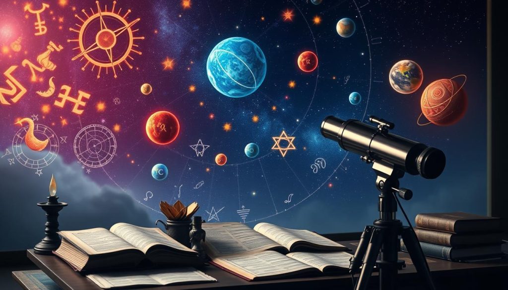 Integrated astrological approach: a harmonious blend of personalized horoscopes, astronomical observations, and traditional folk calendars. Vibrant celestial bodies dance across a night sky, their luminous rays illuminating ancient symbols and cosmic patterns. In the foreground, an astrologer's desk holds ancient tomes, astrological charts, and a telescope gazing into the mysteries of the universe. Soft, diffused lighting creates a contemplative, introspective atmosphere, inviting the viewer to explore the interconnected realms of astrology, astronomy, and traditional knowledge. The overall composition conveys a sense of balance, unity, and the pursuit of a deeper understanding of the human experience in the context of the cosmos. Integrated astrological approach: a harmonious blend of personalized horoscopes, astronomical observations, and traditional folk calendars. Vibrant celestial bodies dance across a night sky, their luminous rays illuminating ancient symbols and cosmic patterns. In the foreground, an astrologer's desk holds ancient tomes, astrological charts, and a telescope gazing into the mysteries of the universe. Soft, diffused lighting creates a contemplative, introspective atmosphere, inviting the viewer to explore the interconnected realms of astrology, astronomy, and traditional knowledge. The overall composition conveys a sense of balance, unity, and the pursuit of a deeper understanding of the human experience in the context of the cosmos.