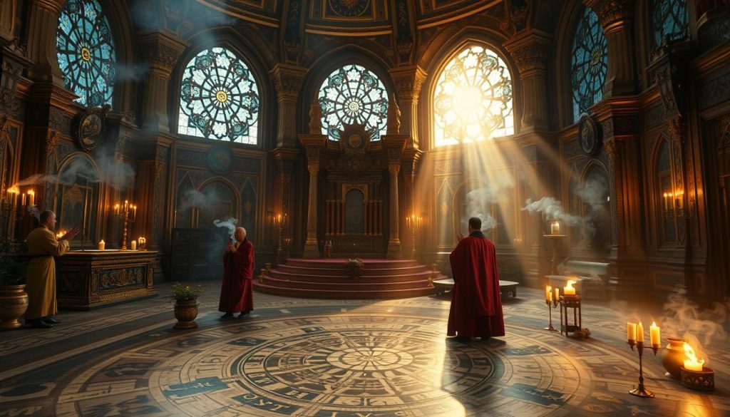 Intertwined celestial tapestry, where religious rituals and astrology converge. Ornate altars bathed in ethereal light, adorned with celestial symbols and astrological iconography. Robed figures performing ancient ceremonies, their movements synchronized with the rhythmic dance of the planets. Billowing incense, casting mystical shadows upon intricate mandalas etched into the floor. Stained-glass windows filter starlight, casting a kaleidoscopic glow upon the sacred space. The air hums with the echoes of chants and incantations, weaving a tapestry of spiritual and cosmic connection. A timeless realm where the earthly and the celestial coexist in perfect harmony. Intertwined celestial tapestry, where religious rituals and astrology converge. Ornate altars bathed in ethereal light, adorned with celestial symbols and astrological iconography. Robed figures performing ancient ceremonies, their movements synchronized with the rhythmic dance of the planets. Billowing incense, casting mystical shadows upon intricate mandalas etched into the floor. Stained-glass windows filter starlight, casting a kaleidoscopic glow upon the sacred space. The air hums with the echoes of chants and incantations, weaving a tapestry of spiritual and cosmic connection. A timeless realm where the earthly and the celestial coexist in perfect harmony.
