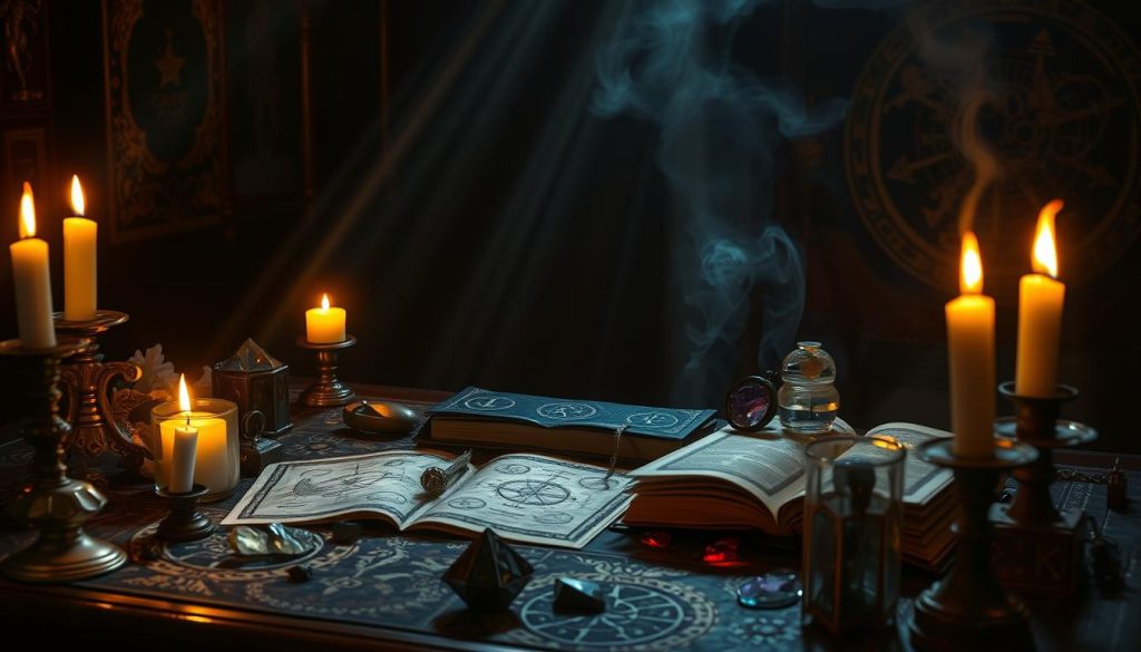 Intricate symbols and patterns of numerology and fortune-telling, depicted with a sense of mysticism and tradition. Glowing candles, incense, and crystals cast a warm, ethereal glow across an ornate table with ancient tomes and divination tools. Subtle shafts of light create dramatic shadows, emphasizing the arcane and enigmatic nature of the scene. The overall atmosphere evokes a reverence for the esoteric and a connection to the unseen forces that shape our lives.
