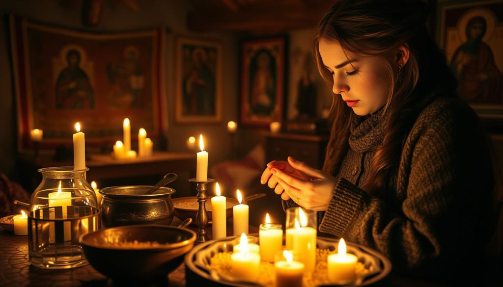 Intricate Ukrainian Christmas divination rituals unfold in a cozy, candlelit setting. In the foreground, a young woman studies the patterns of burning wax, seeking omens and insights into the year ahead. Surrounding her, an array of traditional divination objects - a bowl of water, a sieve, and a platter of grain - hint at the deep cultural heritage of these practices. The soft, warm lighting casts an ethereal glow, while the background is filled with the subtle textures of a rustic, rural interior - rough wooden beams, woven tapestries, and the faint outlines of icons on the walls. An air of quiet contemplation and mysticism permeates the scene, capturing the essence of "різдвяні ворожіння" - the enchanting Ukrainian Christmas divination traditions.