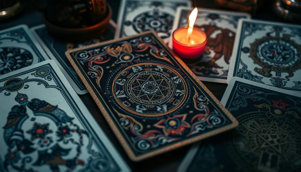 карта дня, tarot card deck, ornate, detailed, intricate, high-contrast, moody, dramatic lighting, soft focus, central card in foreground with mystical symbols and patterns, surrounded by other cards in the background, mystical and ethereal atmosphere, occult and esoteric elements, divination and fortune-telling theme, rich, vibrant colors, hand-drawn style, hand-painted textures, vintage, antique aesthetic карта дня, tarot card deck, ornate, detailed, intricate, high-contrast, moody, dramatic lighting, soft focus, central card in foreground with mystical symbols and patterns, surrounded by other cards in the background, mystical and ethereal atmosphere, occult and esoteric elements, divination and fortune-telling theme, rich, vibrant colors, hand-drawn style, hand-painted textures, vintage, antique aesthetic