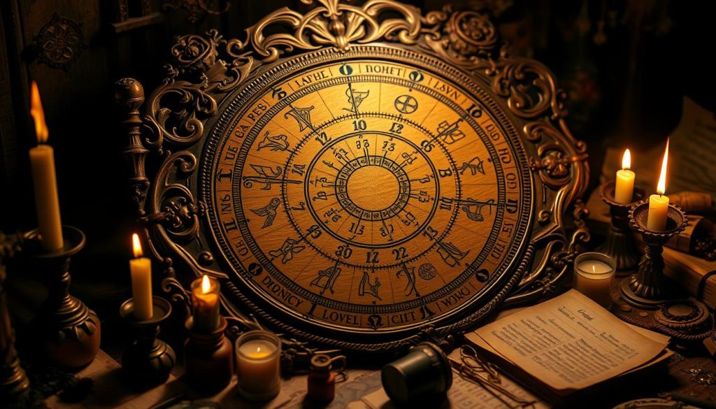 Ornate wooden calendar adorned with intricate carvings and symbols, illuminated by the glow of flickering candles. Phases of the moon and celestial motifs etched into the surface, denoting the most auspicious nights for divination. Withered parchments, old-world inks, and a scattering of mystical talismans surround the calendar, creating an atmosphere of ancient ritual and esoteric knowledge. Soft, warm lighting casts dramatic shadows, imbuing the scene with a sense of reverence and the supernatural. The viewer is transported to a bygone era, where the rhythms of the cosmos guide the practices of those seeking to uncover the secrets of love and destiny.