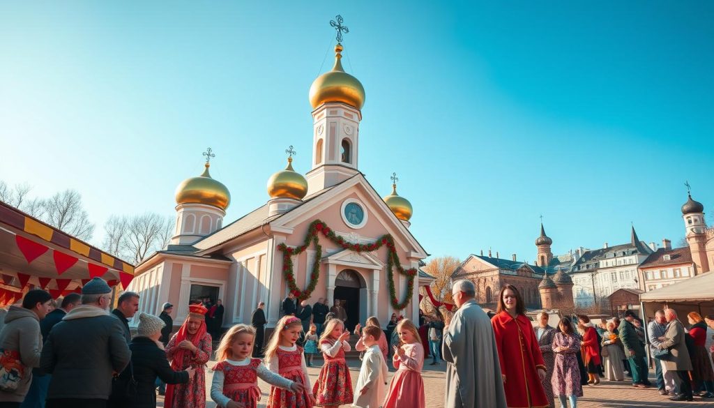 Orthodox Christian Holidays of January: A Vibrant Celebration A traditional Orthodox church stands tall, its onion-shaped domes glimmering in the soft, warm light of a winter sun. Worshippers gather at the entrance, their faces aglow with reverence as they greet one another. Colorful banners and garlands adorn the church's facade, announcing the arrival of the joyous January festivities. In the foreground, a group of children in festive attire dance and play, their laughter and energy infusing the scene with a sense of celebration. The middle ground features a procession of clergy, their robes flowing as they lead the faithful in prayer and song. The background is alive with the bustling energy of the community, with vendors selling traditional treats and crafts, while the distant horizon is dotted with the silhouettes of historic buildings, reflecting the rich cultural heritage of this Orthodox Christian celebration.