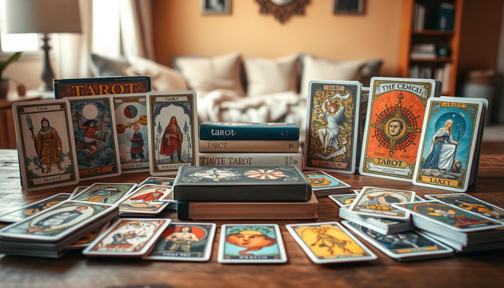 Prominent tarot card decks set against a warm, inviting background. An assortment of decks, each with its own distinct artwork and style, are neatly arranged on a wooden surface, illuminated by soft, natural lighting. The cards themselves are visible, hinting at the diverse themes and imagery they contain. In the middle ground, a few tarot books or guides provide context, while the background features a cozy, homely setting, suggesting a comfortable, contemplative atmosphere for exploring these mystical tools. The overall composition conveys a sense of discovery, accessibility, and the rich diversity of tarot deck options available to both beginners and experienced enthusiasts. Prominent tarot card decks set against a warm, inviting background. An assortment of decks, each with its own distinct artwork and style, are neatly arranged on a wooden surface, illuminated by soft, natural lighting. The cards themselves are visible, hinting at the diverse themes and imagery they contain. In the middle ground, a few tarot books or guides provide context, while the background features a cozy, homely setting, suggesting a comfortable, contemplative atmosphere for exploring these mystical tools. The overall composition conveys a sense of discovery, accessibility, and the rich diversity of tarot deck options available to both beginners and experienced enthusiasts.