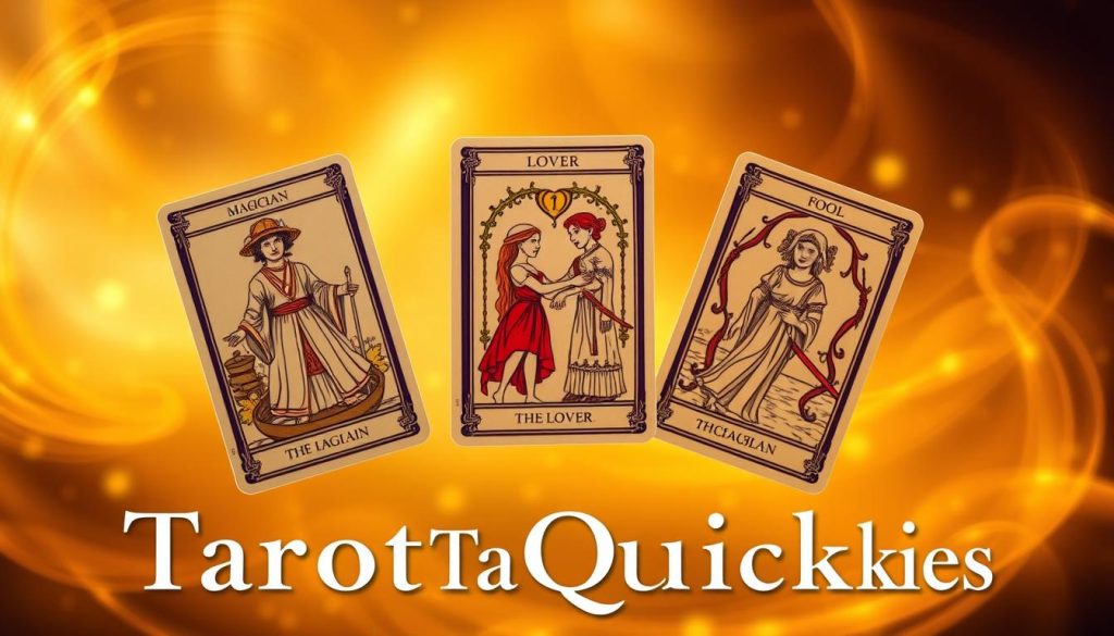 Tarot cards floating in a warm, golden-hued atmosphere, casting a soft, mystical glow. A trio of cards - the Magician, the Lovers, and the Fool - are prominently displayed, their intricate designs and symbols suggesting a sense of divination and intuitive guidance. The cards are positioned against a backdrop of swirling, ethereal energy, hinting at the swift and insightful nature of the "Tarot Quickies" reading. The composition is balanced and harmonious, drawing the viewer's eye to the central cards while maintaining an overall sense of mystery and depth. Tarot cards floating in a warm, golden-hued atmosphere, casting a soft, mystical glow. A trio of cards - the Magician, the Lovers, and the Fool - are prominently displayed, their intricate designs and symbols suggesting a sense of divination and intuitive guidance. The cards are positioned against a backdrop of swirling, ethereal energy, hinting at the swift and insightful nature of the "Tarot Quickies" reading. The composition is balanced and harmonious, drawing the viewer's eye to the central cards while maintaining an overall sense of mystery and depth.