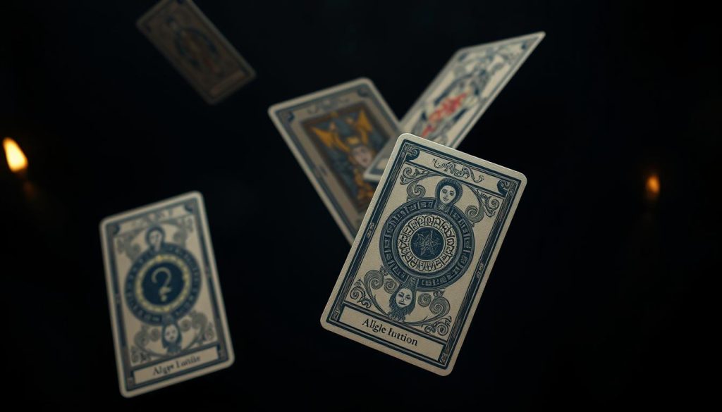 Tarot cards in a dramatic chiaroscuro lighting, floating on a dark, mystical background. The cards are detailed and realistic, with intricate designs and symbols that hint at ancient wisdom. Soft, warm light illuminates the cards, creating an air of divination and intuition. The overall atmosphere is one of mystery, introspection, and the promise of insightful answers to pressing questions. Tarot cards in a dramatic chiaroscuro lighting, floating on a dark, mystical background. The cards are detailed and realistic, with intricate designs and symbols that hint at ancient wisdom. Soft, warm light illuminates the cards, creating an air of divination and intuition. The overall atmosphere is one of mystery, introspection, and the promise of insightful answers to pressing questions.